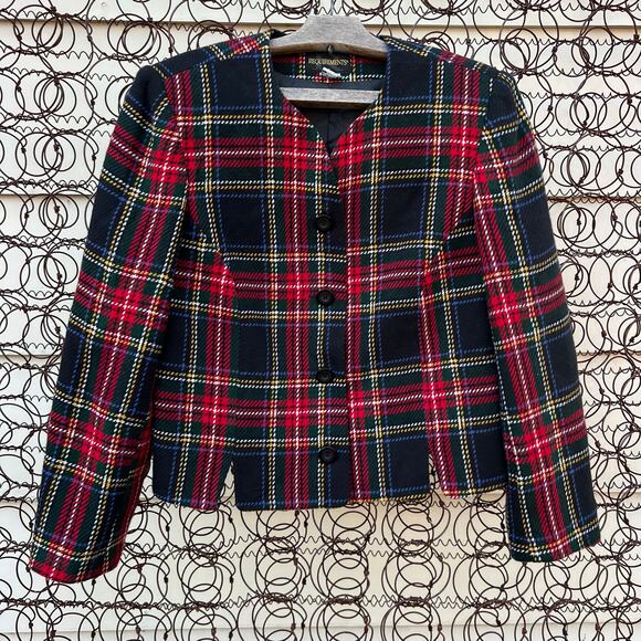 VTG 80s Requirements Red Black Holiday Christmas Plaid Crop Wool Blend Blazer 12 - Picture 1 of 9